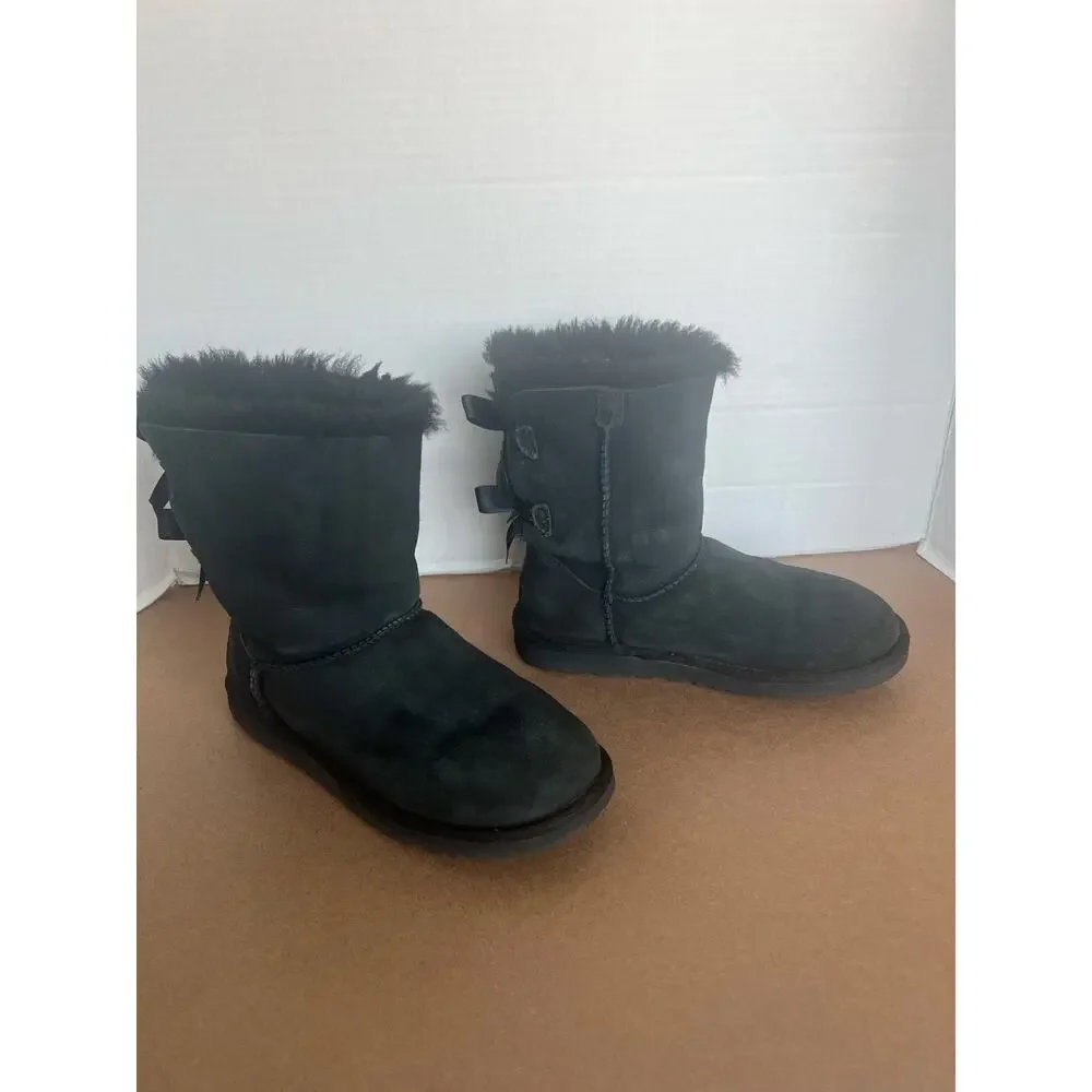 UGG Bailey 2954 Black Suede Bow II Shearling Mid Calf Water-Repellent Boots Sz 6